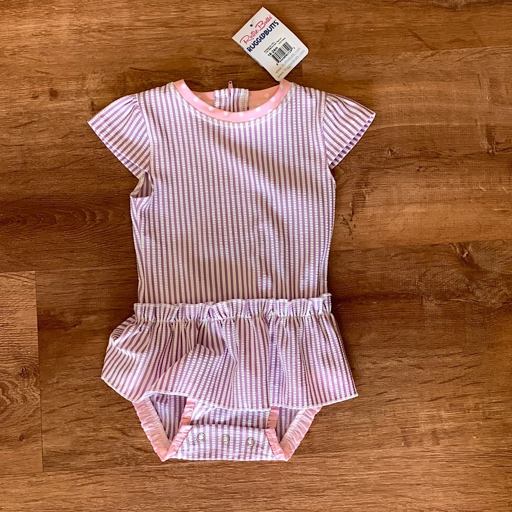 NWT Ruffle Butts 18-24 mos. Seersucker 1 piece swim suit.